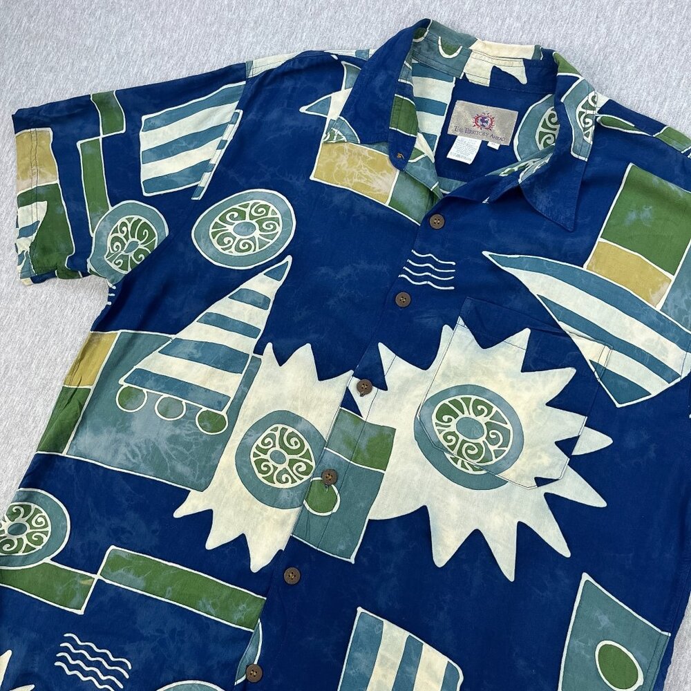 Vintage Territory Ahead Shirt Mens XL Blue Rayon Batik Abstract Hawaiian 90s Y2K